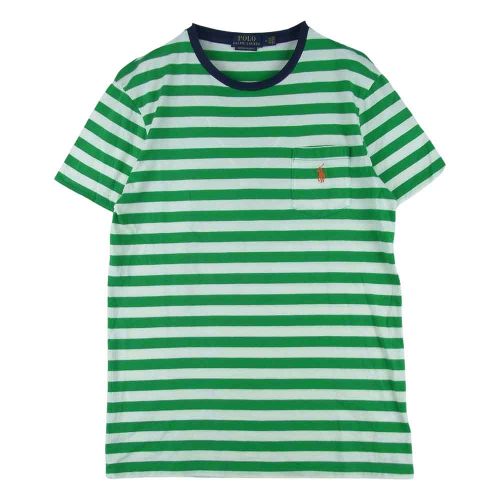 POLO RALPH LAUREN ポロ・ラルフローレン CUSTOM SLIM FIT カスタム スリム フィット ポケット ロゴ ボーダー 半袖 Tシャツ グリーン系 ホワイト系 M【中古】
