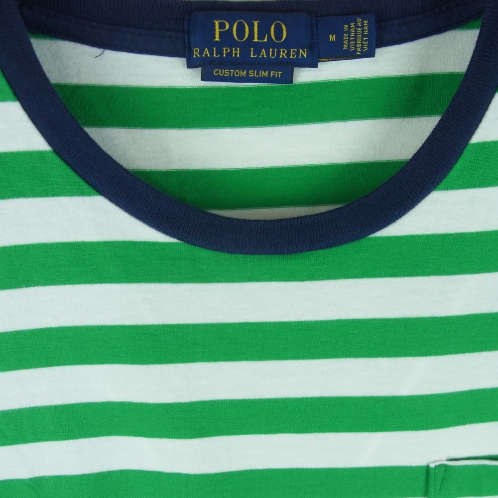 POLO RALPH LAUREN ポロ・ラルフローレン CUSTOM SLIM FIT カスタム スリム フィット ポケット ロゴ ボーダー 半袖 Tシャツ グリーン系 ホワイト系 M【中古】