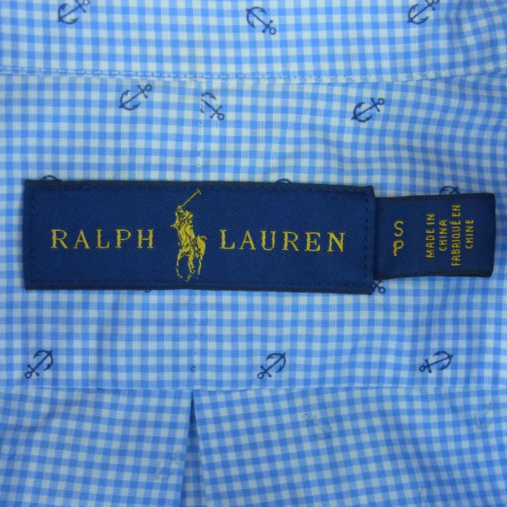 RALPH LAUREN ラルフローレン アンカー柄 ボタンダウン ギンガム チェック 長袖 シャツ 中国製 ライトブルー系 S【中古】