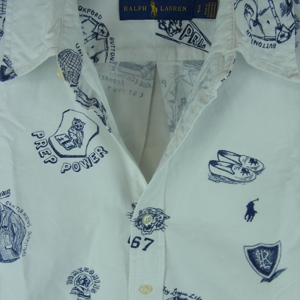 RALPH LAUREN ラルフローレン 総柄 プリント ボタンダウン 長袖 シャツ フィリピン製 ホワイト系 S【中古】