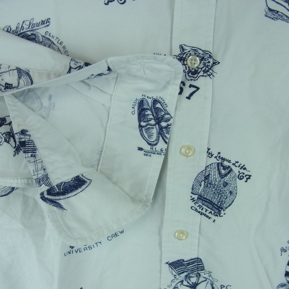 RALPH LAUREN ラルフローレン 総柄 プリント ボタンダウン 長袖 シャツ フィリピン製 ホワイト系 S【中古】