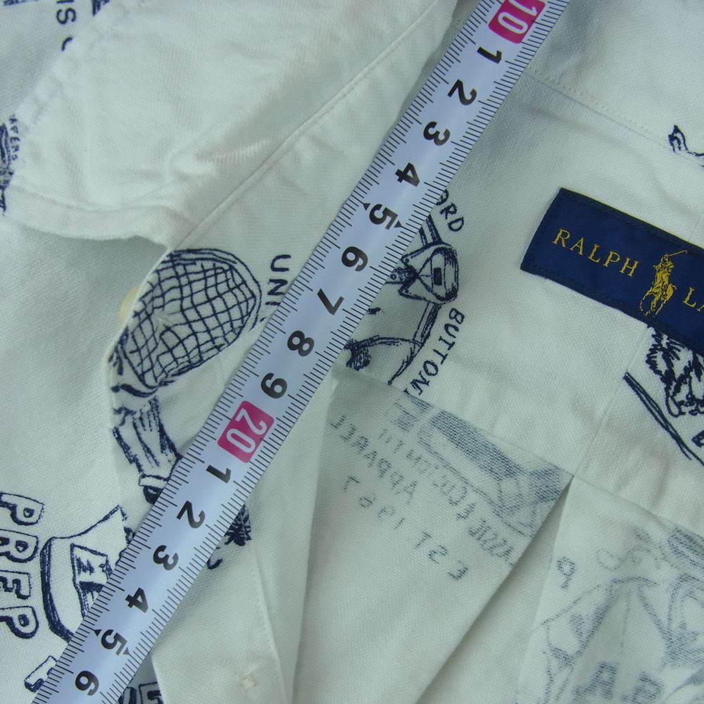 RALPH LAUREN ラルフローレン 総柄 プリント ボタンダウン 長袖 シャツ フィリピン製 ホワイト系 S【中古】