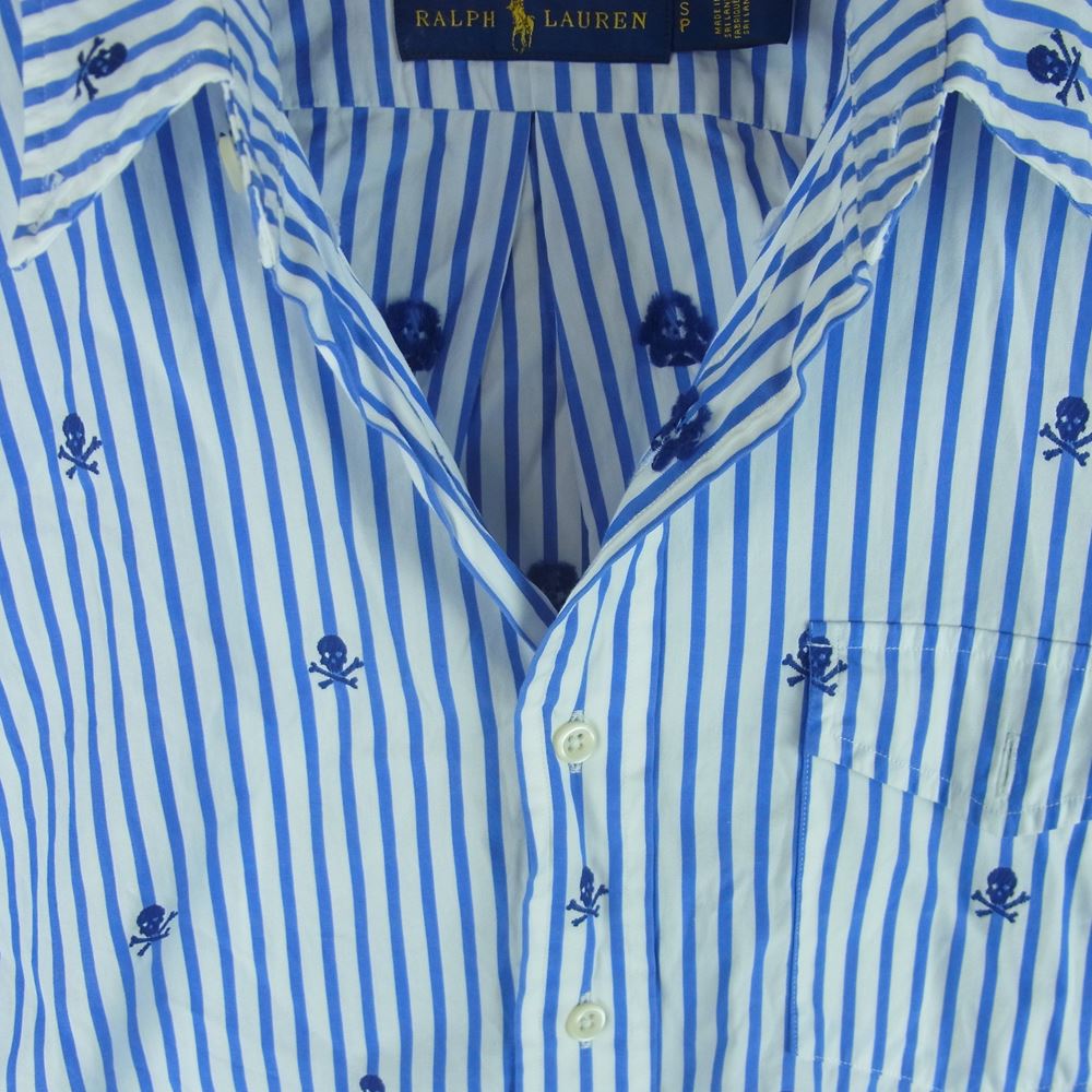RALPH LAUREN ラルフローレン スカル 刺繍 ボタンダウン ストライプ 長袖 シャツ スリランカ製 ブルー系 ホワイト系 S【中古】