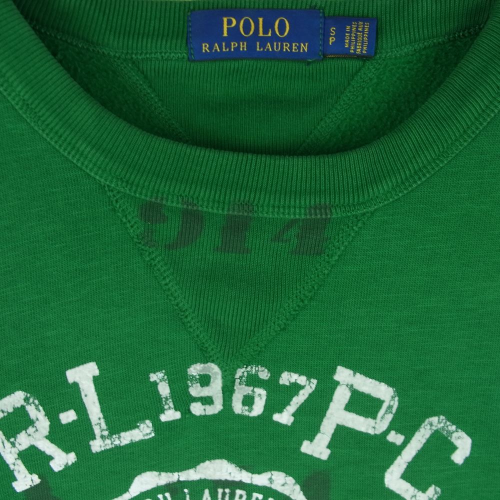 POLO RALPH LAUREN ポロ・ラルフローレン 加工 カレッジ プリント 両V スウェット トレーナー グリーン系 S【中古】