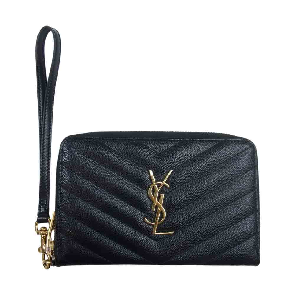 SAINT LAURENT サンローラン 385954 カサンドラ ラウンドファスナー Vステッチ ウォレット ストラップ ポーチ ブラック系【中古】