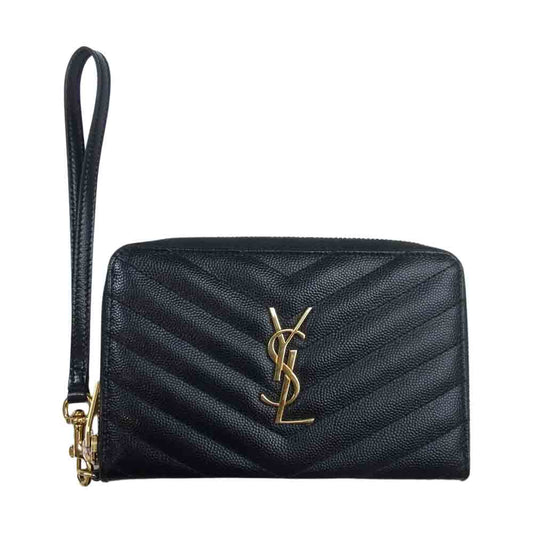 SAINT LAURENT サンローラン 385954 カサンドラ ラウンドファスナー Vステッチ ウォレット ストラップ ポーチ ブラック系【中古】