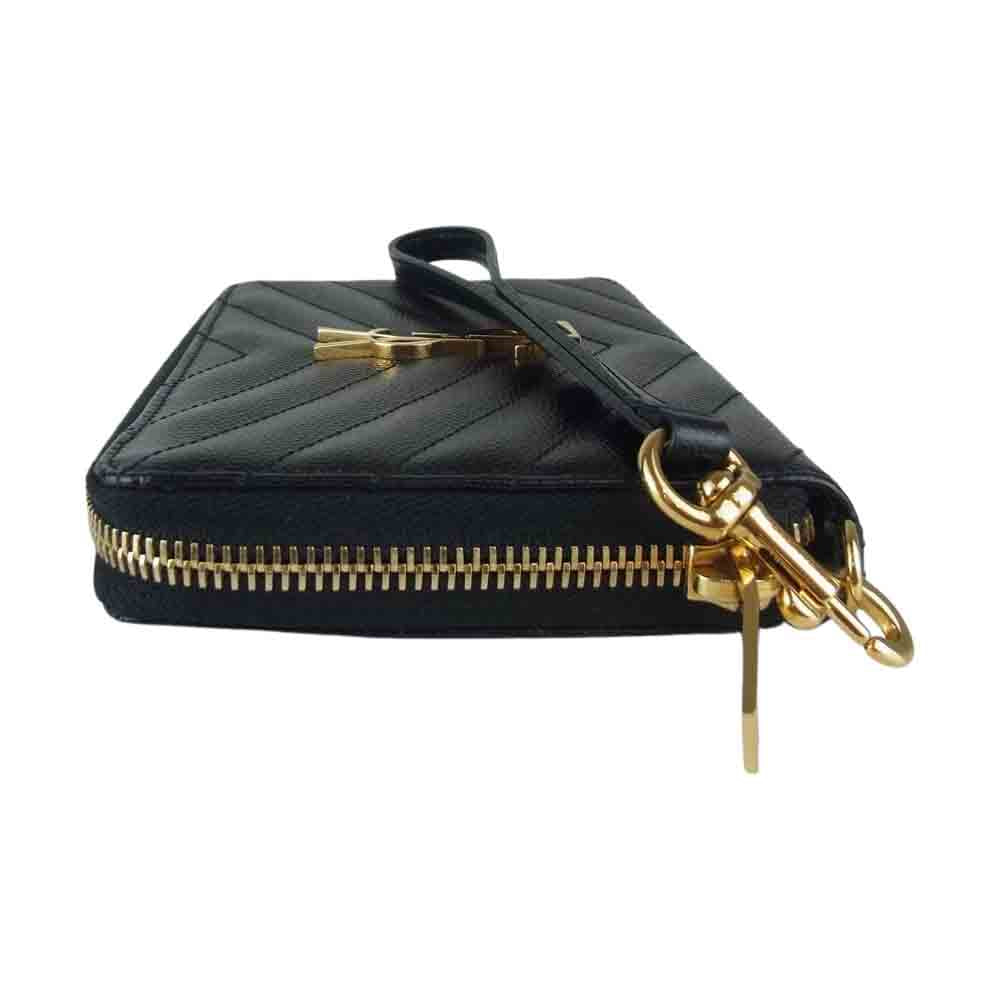 SAINT LAURENT サンローラン 385954 カサンドラ ラウンドファスナー Vステッチ ウォレット ストラップ ポーチ ブラック系【中古】