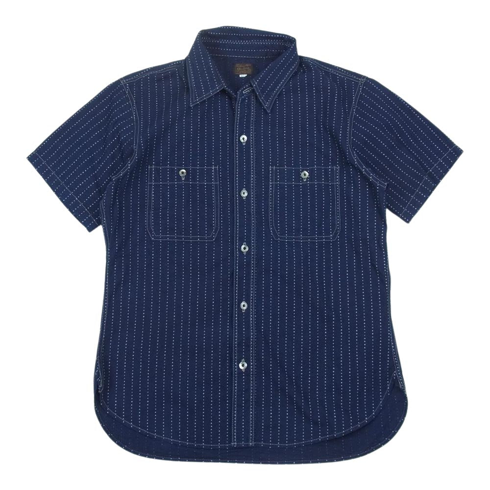デラックスウェア WWS-28 インディゴ ウォバッシュ ストライプ 半袖 ワーク シャツ インディゴブルー系 M【美品】【中古】
