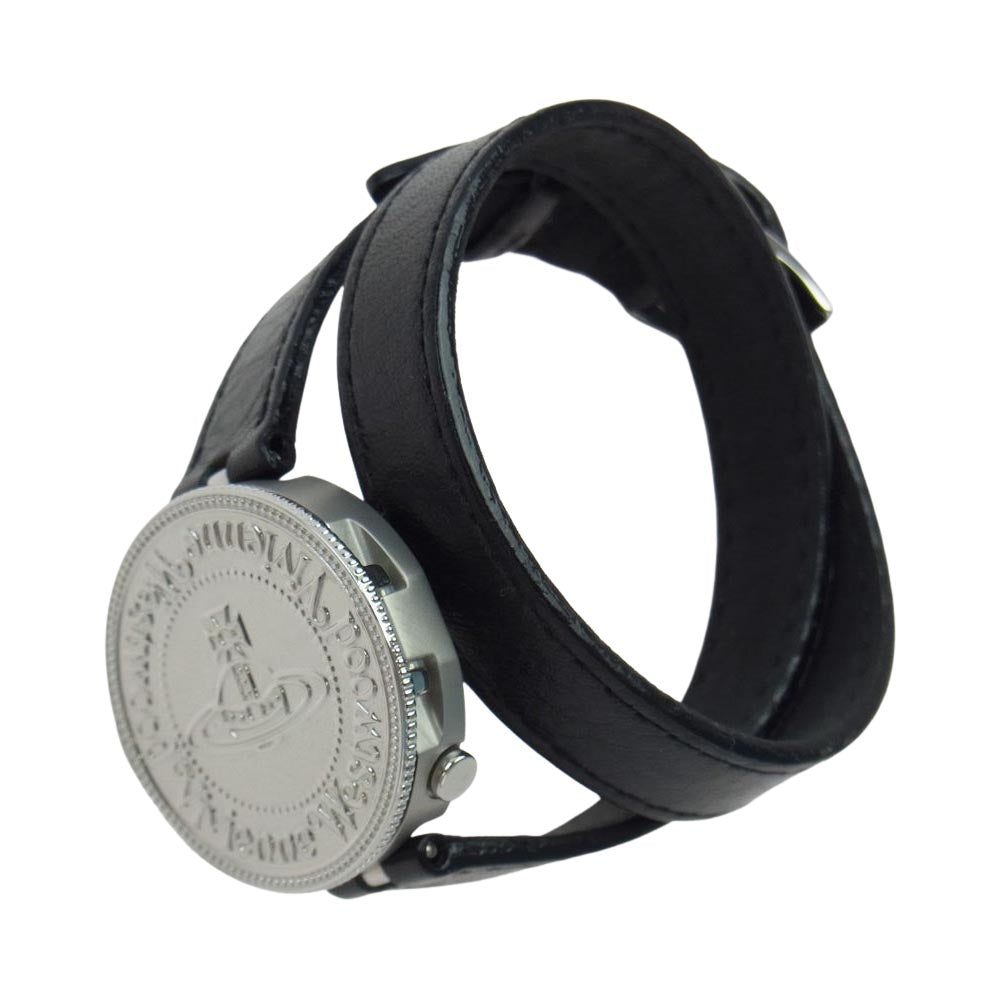 Vivienne Westwood ヴィヴィアンウエストウッド 2連 レザー コイン リストウォッチ 腕時計 ブラック系 シルバー系【中古】