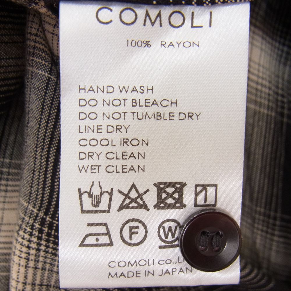 COMOLI コモリ 23SS X01-02008 RAYON CHECK OPEN COLLAR SHIRT レーヨン チェック オープン カラー 開襟 長袖 シャツ ブラック系 2【極上美品】【中古】