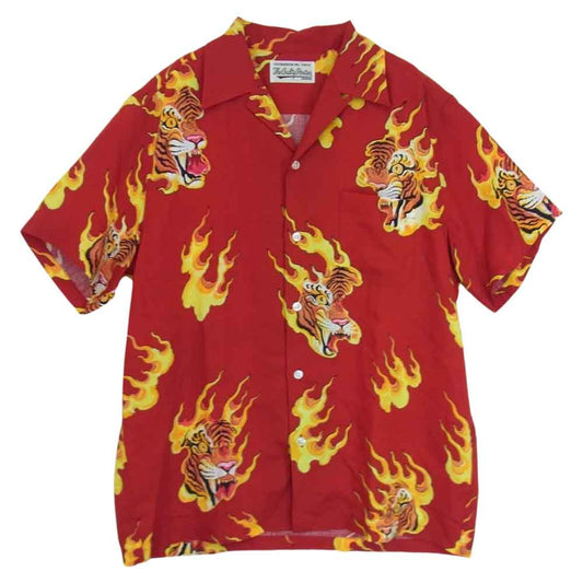 WACKO MARIA ワコマリア TIM LEHI / S/S HAWAIIAN SHIRT TYPE-3 オープンカラー タイガー アロハ シャツ レッド系 L【美品】【中古】