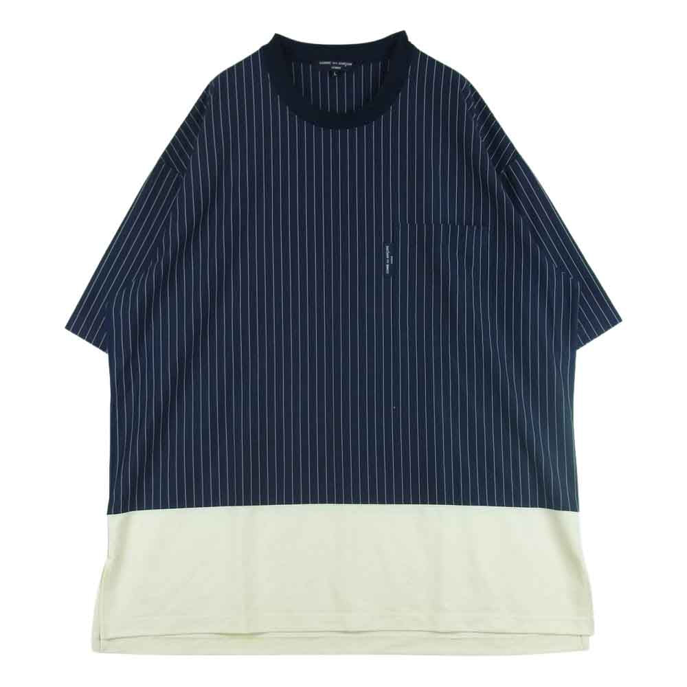 COMME des GARCONS HOMME コムデギャルソンオム 23SS HK-T016 コットン 綿 天竺 ピンストライプ 切替 半袖 Tシャツ ネイビー系 オフホワイト系 L【中古】