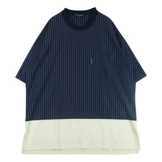 COMME des GARCONS HOMME コムデギャルソンオム 23SS HK-T016 コットン 綿 天竺 ピンストライプ 切替 半袖 Tシャツ ネイビー系 オフホワイト系 L【中古】