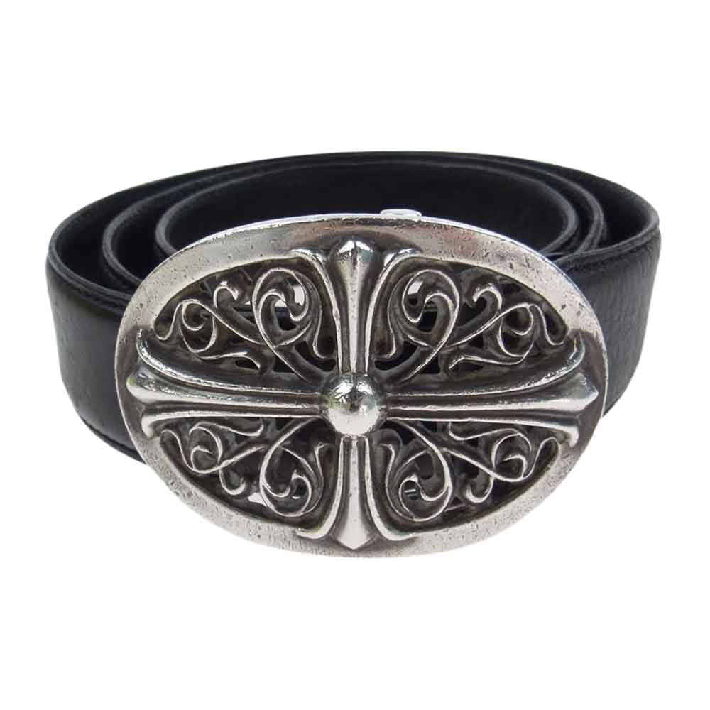 CHROME HEARTS クロムハーツ（原本無） OVAL CROSS STRAP1.5/1.5 クラシック オーバルクロス バックル レザーベルト ブラック系 34インチ（89cm）【中古】