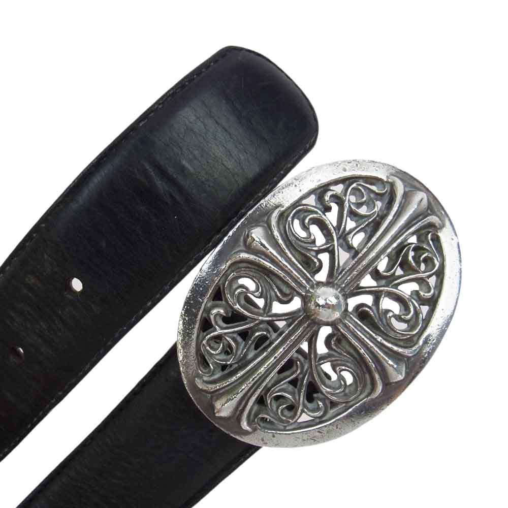 CHROME HEARTS クロムハーツ（原本無） OVAL CROSS STRAP1.5/1.5 クラシック オーバルクロス バックル レザーベルト ブラック系 34インチ（89cm）【中古】