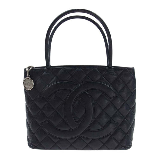 CHANEL シャネル キャビアスキン チャーム付 シルバー金具 トート バッグ  ハンドバッグ ブラック系【中古】