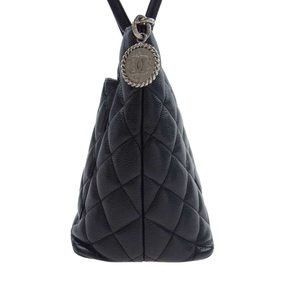 CHANEL シャネル キャビアスキン チャーム付 シルバー金具 トート バッグ  ハンドバッグ ブラック系【中古】