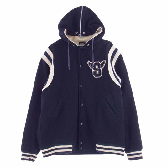 Supreme シュプリーム 初期 カナダ製 Hooded Varsity Jacket Sロゴ ワッペン フード ジップ スタジャン ジャケット ネイビー系 L【中古】