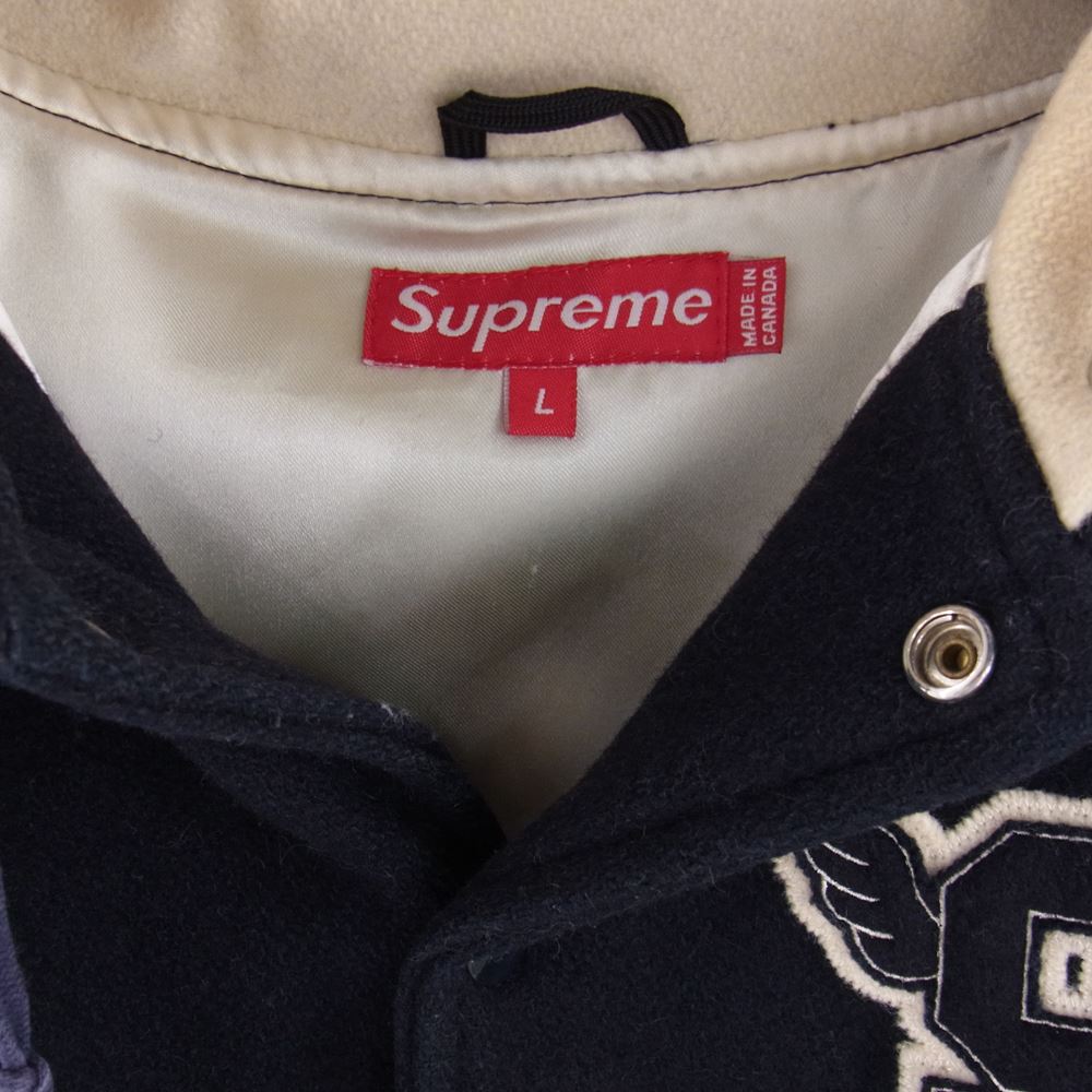 Supreme シュプリーム 初期 カナダ製 Hooded Varsity Jacket Sロゴ ワッペン フード ジップ スタジャン ジャケット ネイビー系 L【中古】