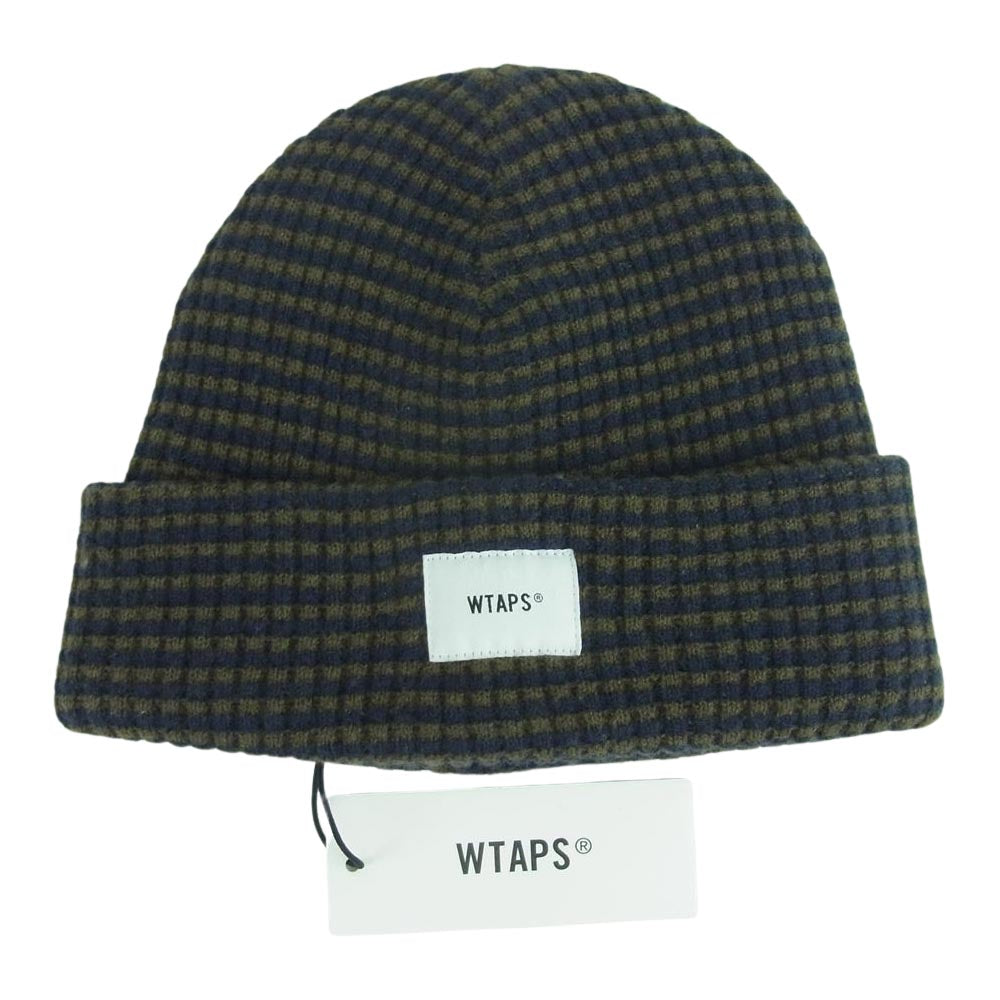 WTAPS ダブルタップス 20AW 202MADT-HT03 BEANIE 02 WOOL ウール ボーダー ロゴ タグ ニット帽 ビーニー カーキ系 ネイビー系 00【中古】