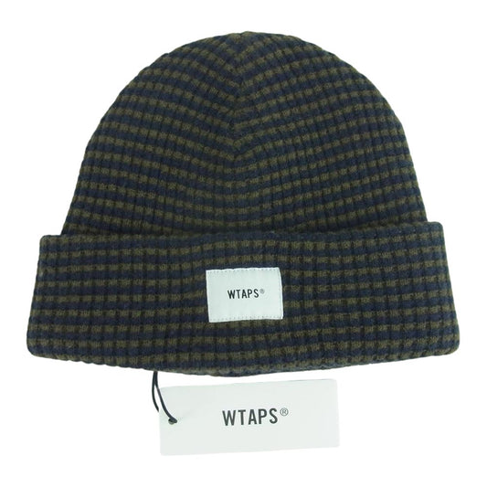 WTAPS ダブルタップス 20AW 202MADT-HT03 BEANIE 02 WOOL ウール ボーダー ロゴ タグ ニット帽 ビーニー カーキ系 ネイビー系 00【中古】