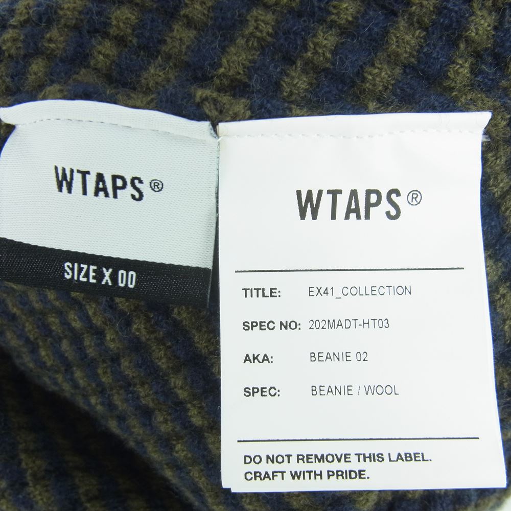 WTAPS ダブルタップス 20AW 202MADT-HT03 BEANIE 02 WOOL ウール ボーダー ロゴ タグ ニット帽 ビーニー カーキ系 ネイビー系 00【中古】