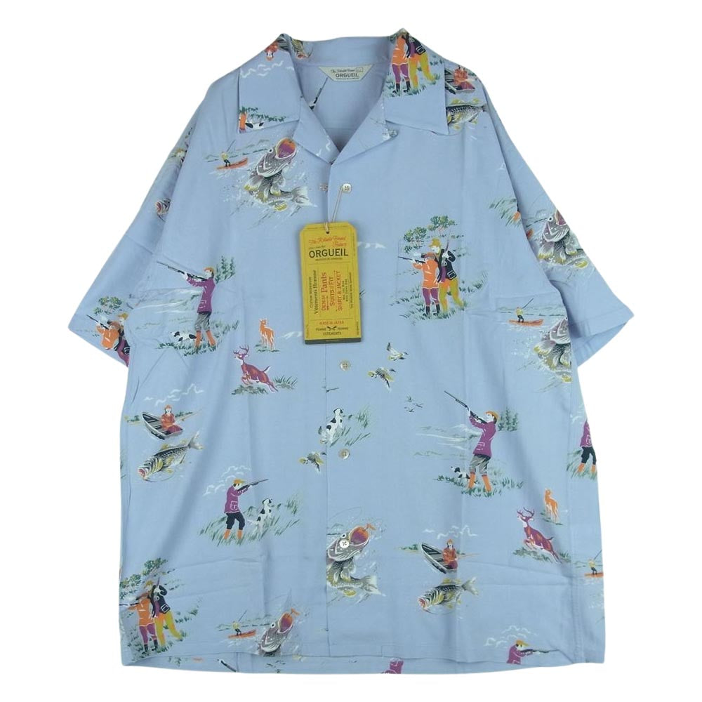 ORGUEIL オルゲイユ OR-5075 レーヨン ハワイアン シャツ オープンカラー 半袖 ライトブルー系 42【新古品】【未使用】【中古】