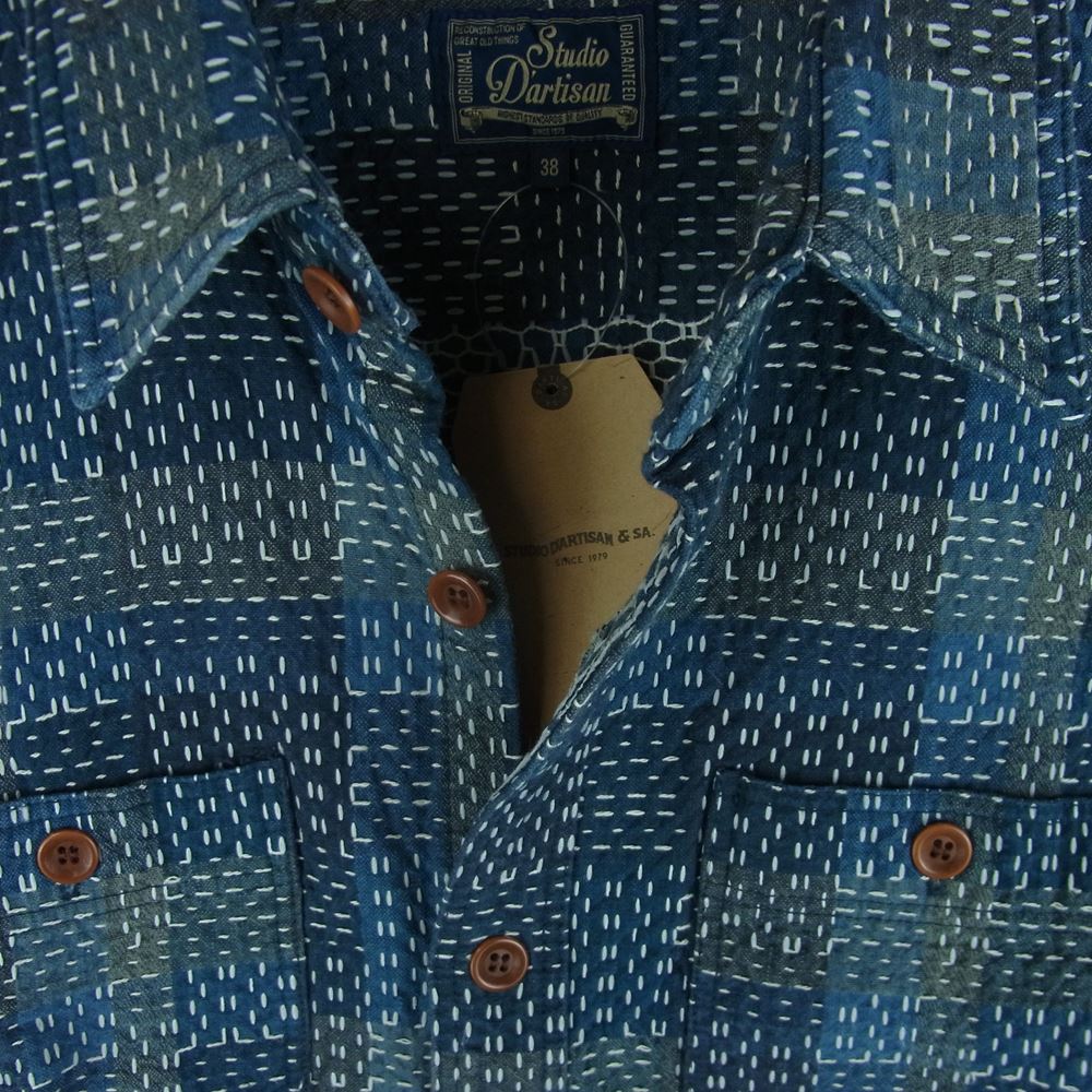 STUDIO D’ARTISAN ステュディオダルチザン 5657 NORAGI SASHIKO 野良着 刺し子 ジャガード 半袖 ワーク シャツ ブルー系 BL 38【美品】【中古】