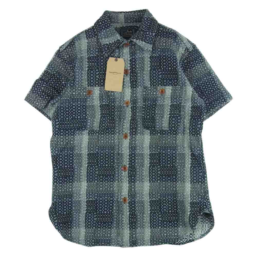 STUDIO D’ARTISAN ステュディオダルチザン 5667 NORAGI SASHIKO 野良着 刺し子 ジャガード 半袖 ワーク シャツ グレー系 ブラック系 BK 38【美品】【中古】