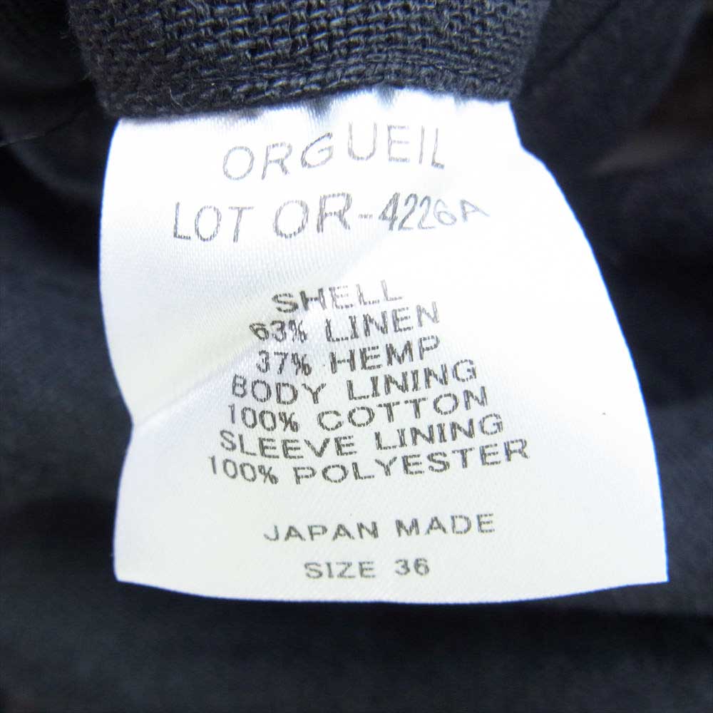 ORGUEIL オルゲイユ OR-4226A OR-1085A Black Linen Jacket Black Linen Trousers  ブラックリネン サック ジャケット ブラック リネン トラウザー パンツ セットアップ ブラック系 32，36【美品】【中古】