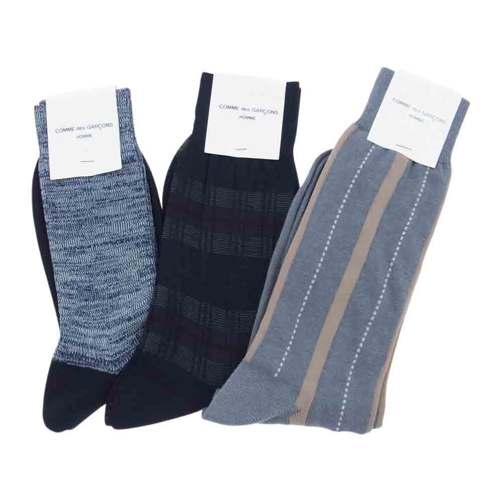 COMME des GARCONS HOMME コムデギャルソンオム ストライプ カラーブロック 切替 ロゴ ソックス 3足組 セット ブラック系 グレー系【極上美品】【中古】