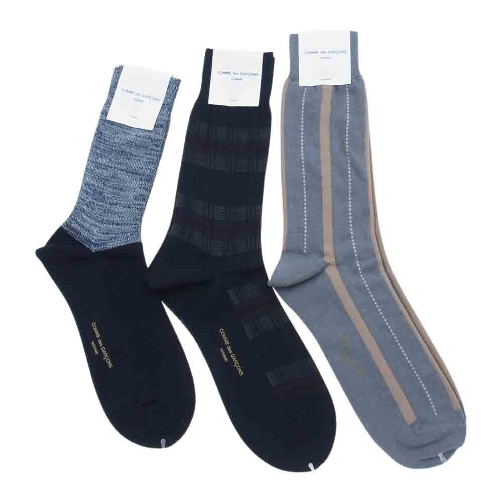 COMME des GARCONS HOMME コムデギャルソンオム ストライプ カラーブロック 切替 ロゴ ソックス 3足組 セット ブラック系 グレー系【極上美品】【中古】