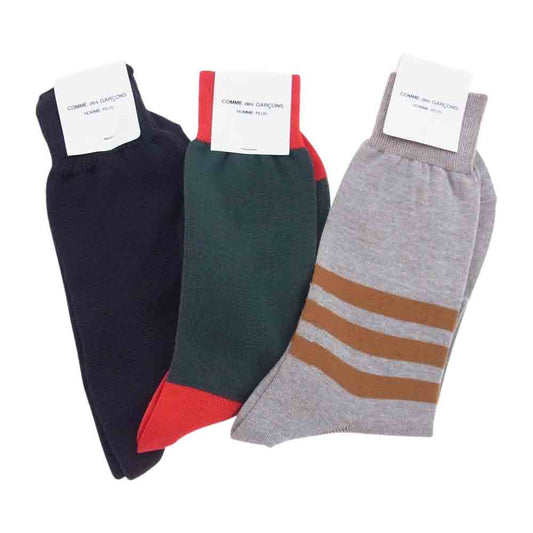COMME des GARCONS HOMME PLUS コムデギャルソンオムプリュス ボーダー カラーブロック 切替 ロゴ ソックス 靴下 3足組 セット ブラック系 グリーン系 ブラウン系【極上美品】【中古】