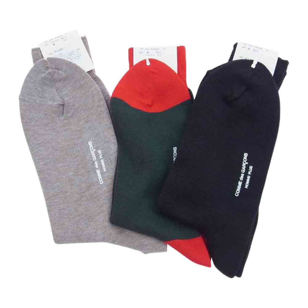 COMME des GARCONS HOMME PLUS コムデギャルソンオムプリュス ボーダー カラーブロック 切替 ロゴ ソックス 靴下 3足組 セット ブラック系 グリーン系 ブラウン系【極上美品】【中古】