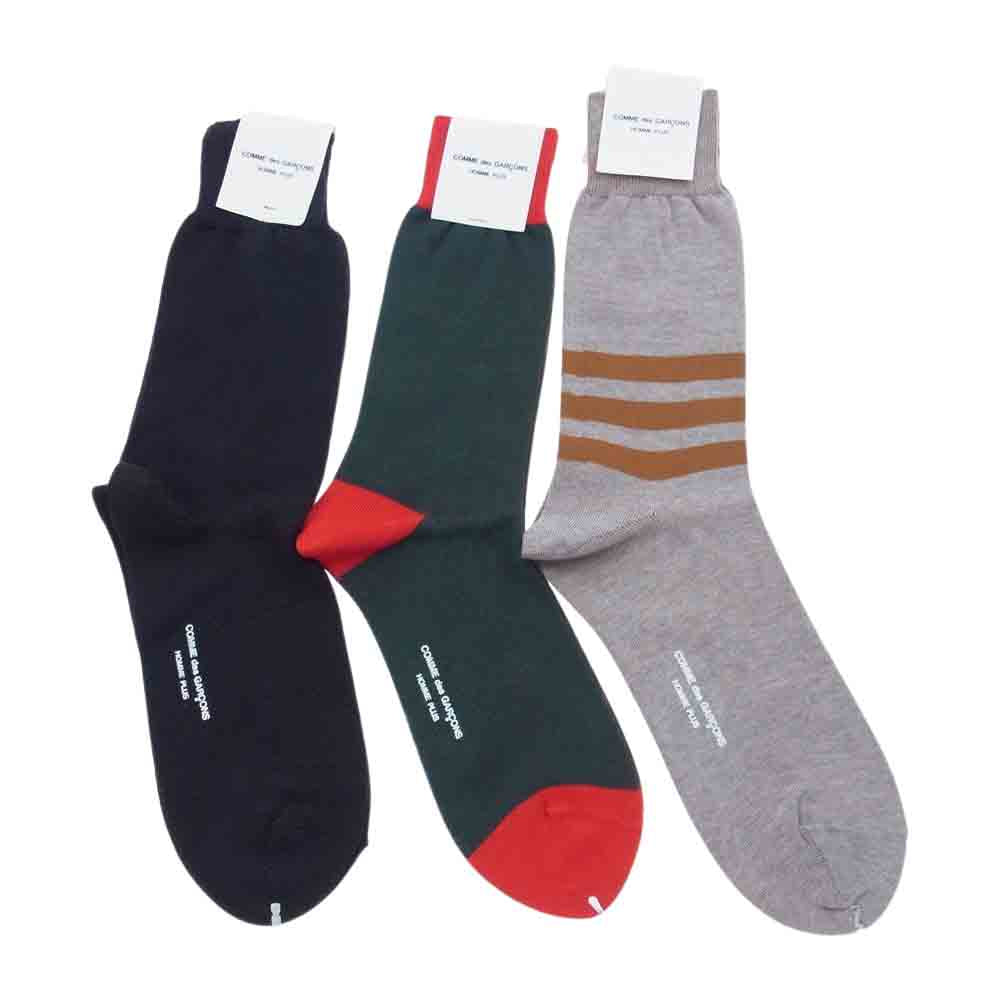 COMME des GARCONS HOMME PLUS コムデギャルソンオムプリュス ボーダー カラーブロック 切替 ロゴ ソックス 靴下 3足組 セット ブラック系 グリーン系 ブラウン系【極上美品】【中古】