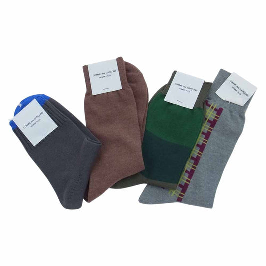 COMME des GARCONS HOMME PLUS コムデギャルソンオムプリュス チェック カラーブロック 切替 ロゴ ソックス 靴下 4足組 セット グレー系 ブラウン系 グリーン系【極上美品】【中古】
