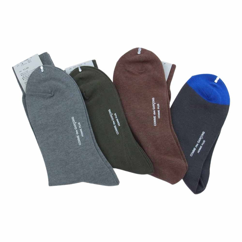COMME des GARCONS HOMME PLUS コムデギャルソンオムプリュス チェック カラーブロック 切替 ロゴ ソックス 靴下 4足組 セット グレー系 ブラウン系 グリーン系【極上美品】【中古】