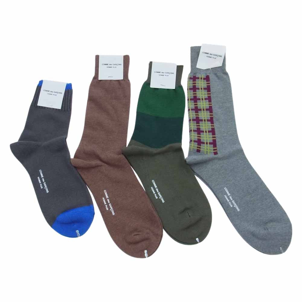 COMME des GARCONS HOMME PLUS コムデギャルソンオムプリュス チェック カラーブロック 切替 ロゴ ソックス 靴下 4足組 セット グレー系 ブラウン系 グリーン系【極上美品】【中古】