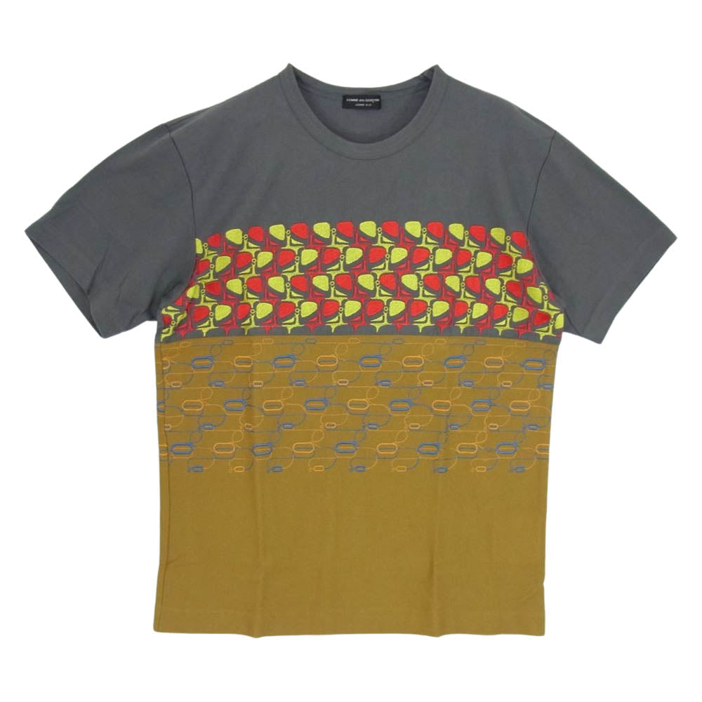 COMME des GARCONS HOMME PLUS コムデギャルソンオムプリュス AD2001 PE-T013 幾何学 切替 刺繍 クルーネック 半袖 Tシャツ グレー系 サイズ表記無【中古】