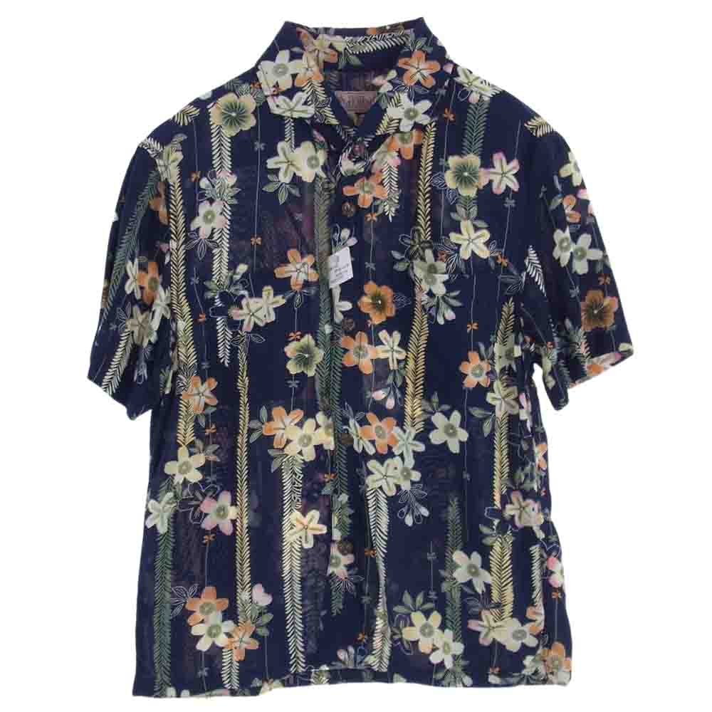 THE FLAT HEAD ザフラットヘッド アロハ レーション フラワー 半袖 シャツ ネイビー系 イエロー系 36【中古】