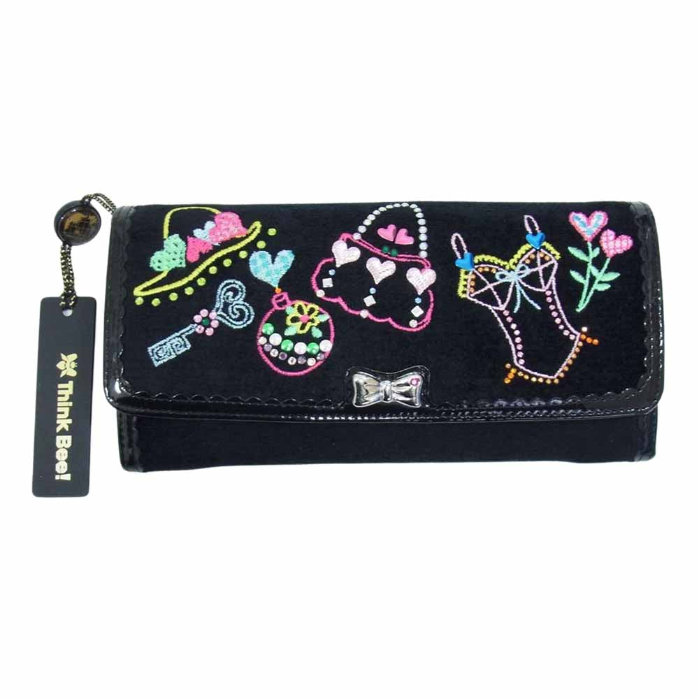 シンクビー パイル地 刺繍 ラインストーン ウォレット 長財布 ブラック系【新古品】【未使用】【中古】