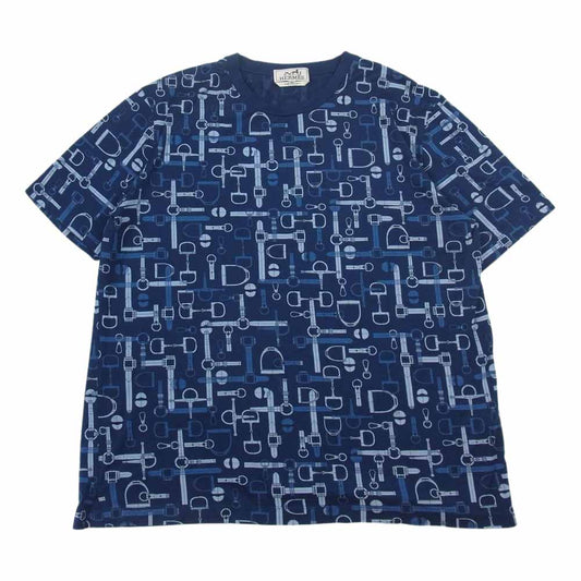 HERMES エルメス 20SS  Labyrinthe Equestre 馬具柄 クルーネック Tシャツ カットソー ネイビー  ネイビー系 XL【中古】