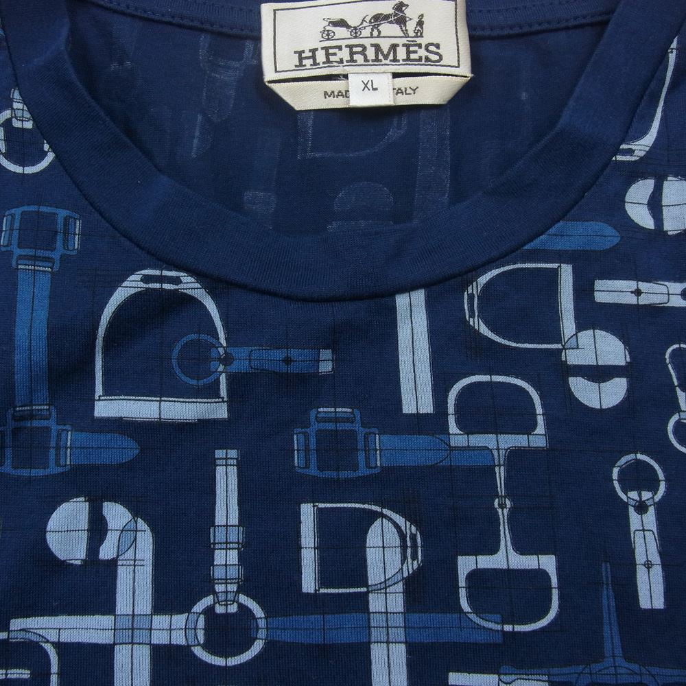 HERMES エルメス 20SS  Labyrinthe Equestre 馬具柄 クルーネック Tシャツ カットソー ネイビー  ネイビー系 XL【中古】