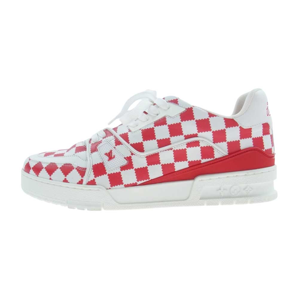 LOUIS VUITTON ルイ・ヴィトン 22SS 1A9J87 × NIGO LVトレイナーライン チェッカー スニーカー ホワイト系 レッド系 8.5【美品】【中古】