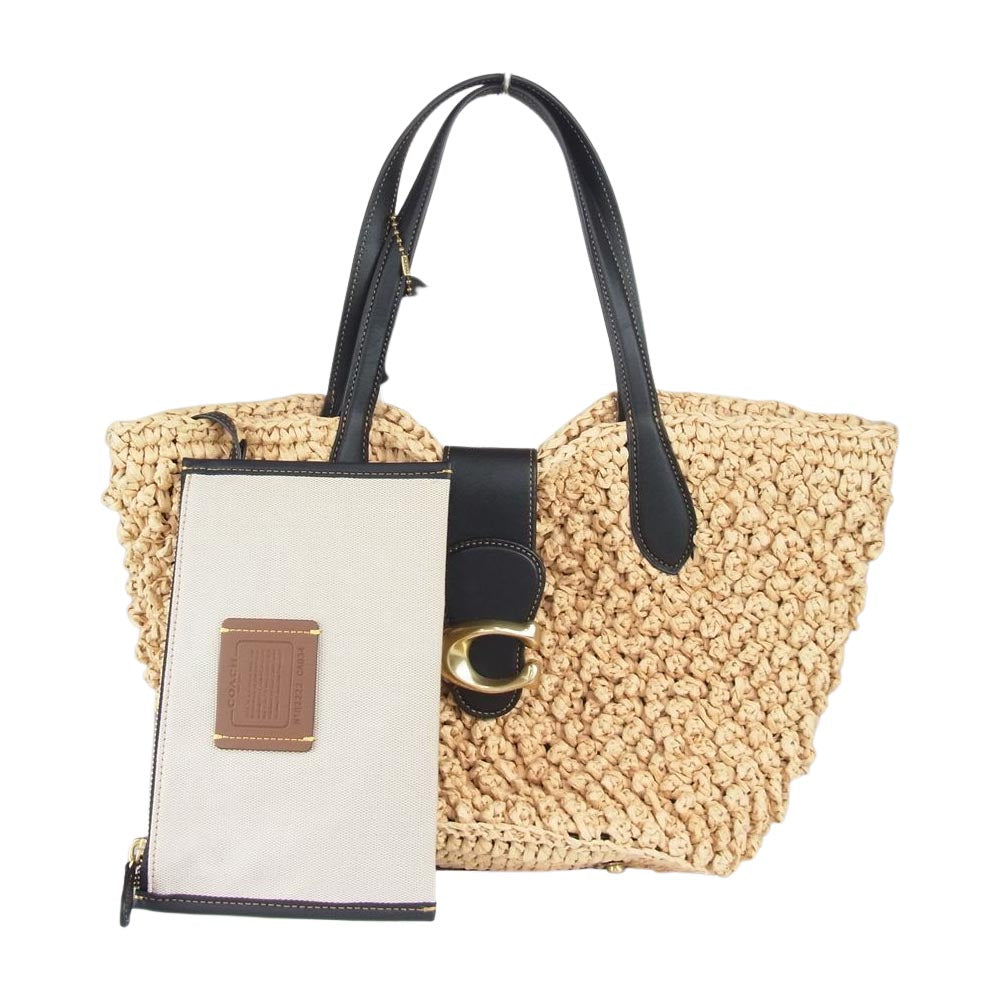 COACH コーチ B2222-CA034 TEXTURED PAPER STRAW SMALL TOTO BAG テクスチャード ペーパーストロー スモール トート かごバッグ ブラック系 ベージュ系【美品】【中古】
