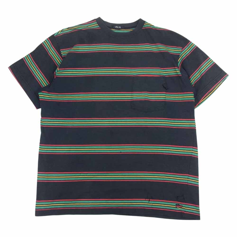 STUSSY ステューシー 80s 90s ヴィンテージ オールド 黒タグ ボーダーポケット TEE 半袖 Tシャツ ラスタ ブラック系【中古】