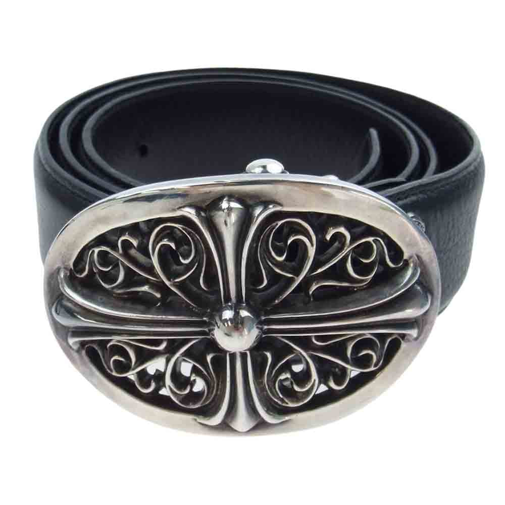 CHROME HEARTS クロムハーツ（原本無） OVAL CROSS STRAP1.5  1.5 クラシック オーバル バックル レザー ベルト ブラック系 34【中古】