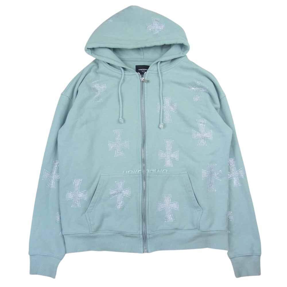 アンノウン BABYBLUE RHINESTONE ZIP HOODIE  クロス ラインストーン フーディ ジップアップ スウェット パーカー グリーン系 M【中古】
