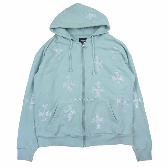アンノウン BABYBLUE RHINESTONE ZIP HOODIE  クロス ラインストーン フーディ ジップアップ スウェット パーカー グリーン系 M【中古】