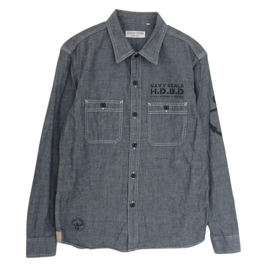 THE FLAT HEAD ザフラットヘッド HARD BIRD プリント シャンブレー ワーク シャツ ブラック系 40【中古】